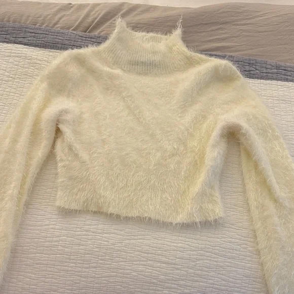SHEIN Cream Fuzzy Turtleneck cropped Sweater - Picture 1 of 5